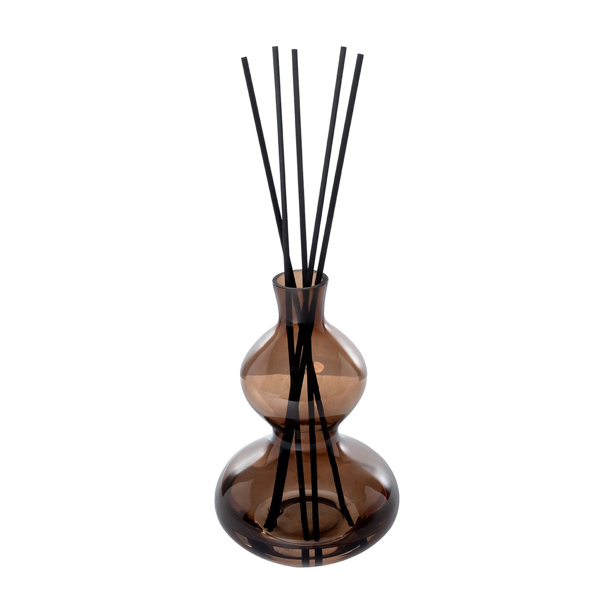 Libra Interiors Sculptural Glass Reed Diffuser in warm brown with a curved double-gourd vessel and tall black reeds, shown on a white background.