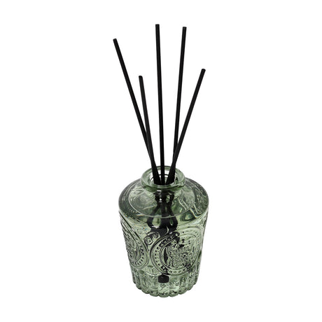 Libra Interiors Embossed Glass Reed Diffuser in soft green tinted glass with vintage apothecary shape and black reeds, shown on a plain white background.