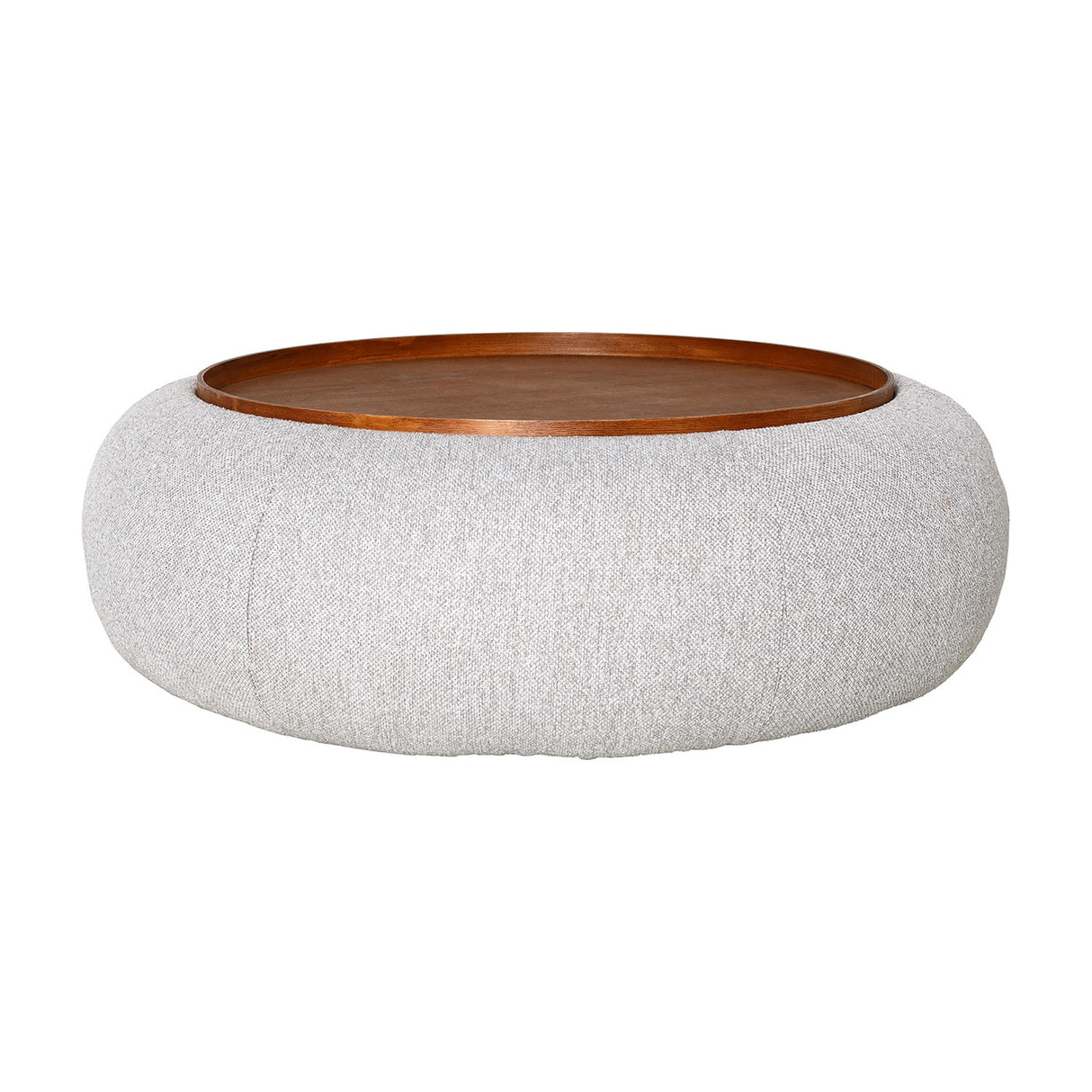 Libra Interiors Chenille Round Storage Ottoman in cream with a tactile boucle-style body and inset walnut-toned wooden tray, on a plain background.