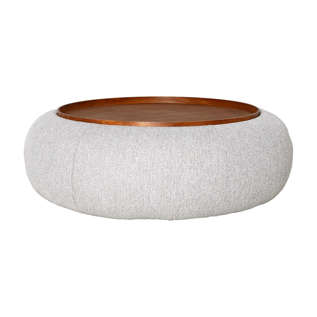 Libra Interiors Chenille Round Storage Ottoman in cream with a tactile boucle-style body and inset walnut-toned wooden tray, on a plain background.