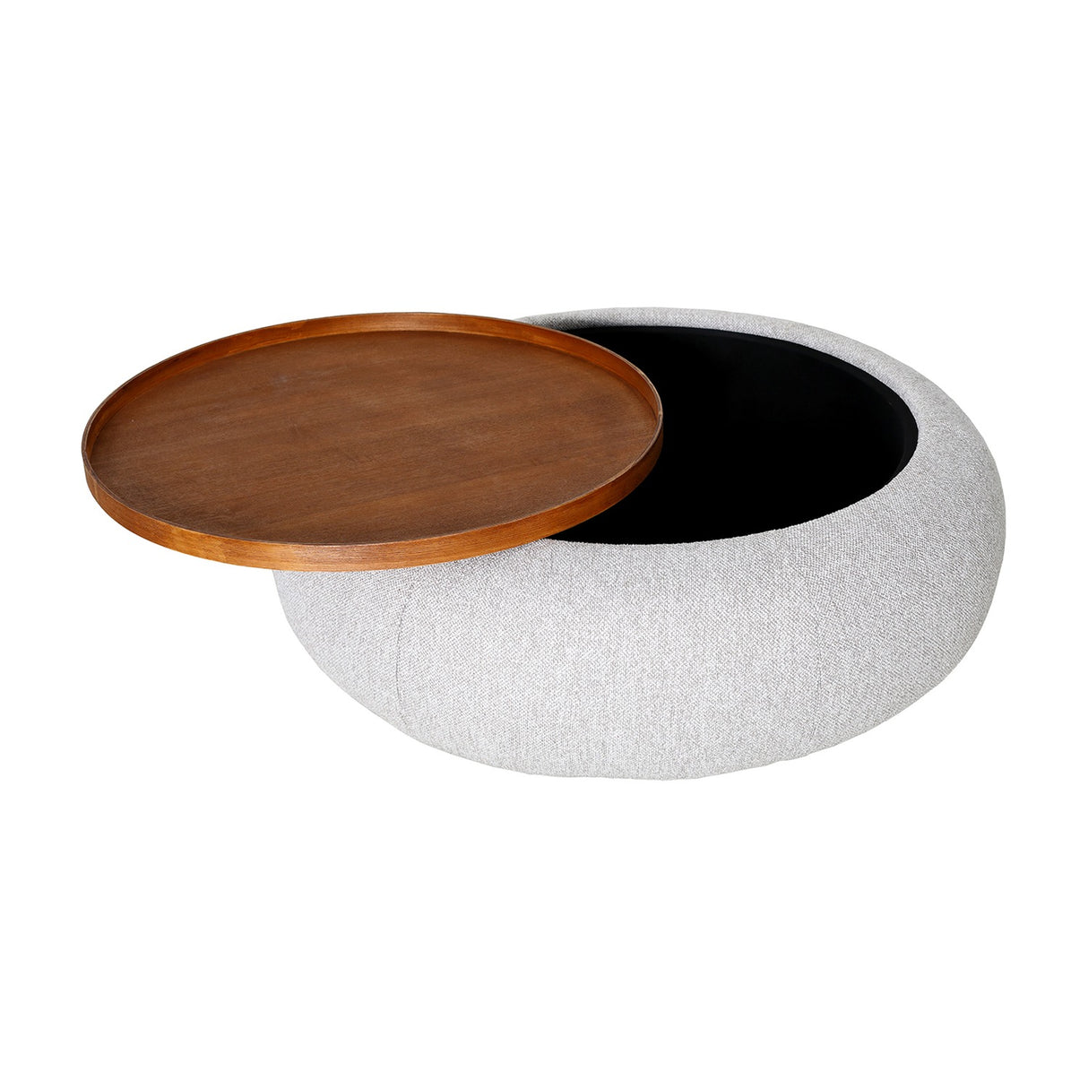 Libra Interiors Chenille Round Storage Ottoman in cream with walnut-toned inset tray lifted to reveal the concealed storage cavity, on a white background.