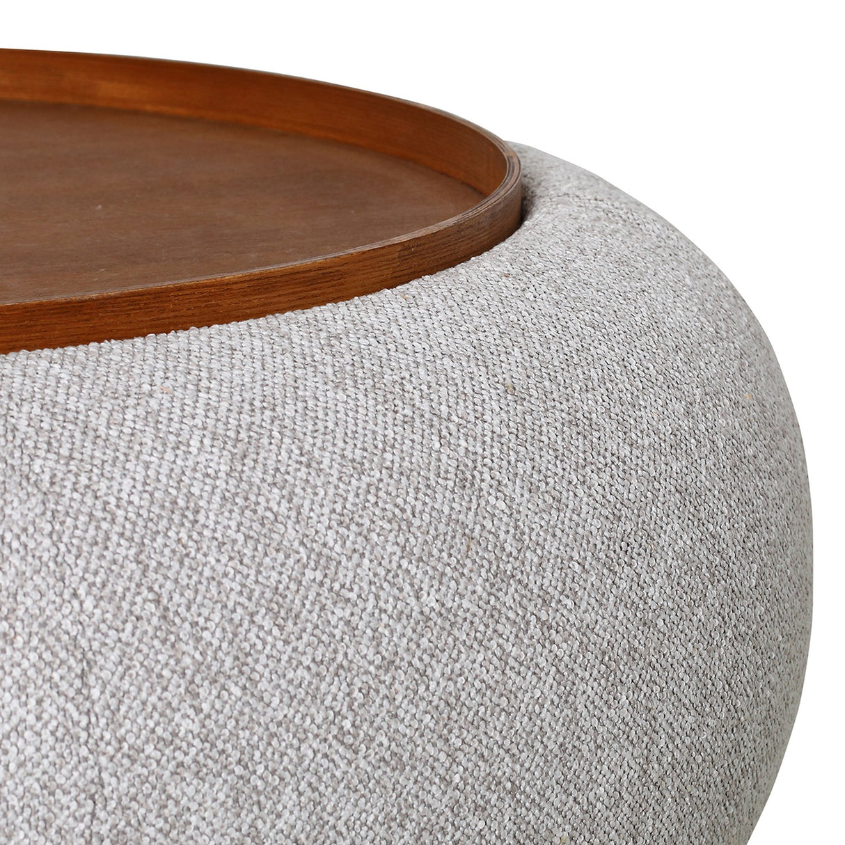 Close-up of Libra Interiors Chenille Round Storage Ottoman in cream, showing the tactile woven upholstery and inset walnut-toned wooden tray rim.