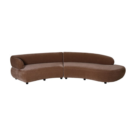 Libra Interiors Curved Velvet Modular Sofa in brown mocha, shown as two nesting curved modules on small black feet against a white background.