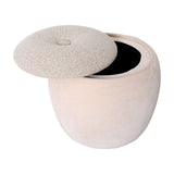 Libra Interiors Velvet Boucle Round Storage Stool in cream with lifted textured boucle lid revealing black interior, on a plain white background.