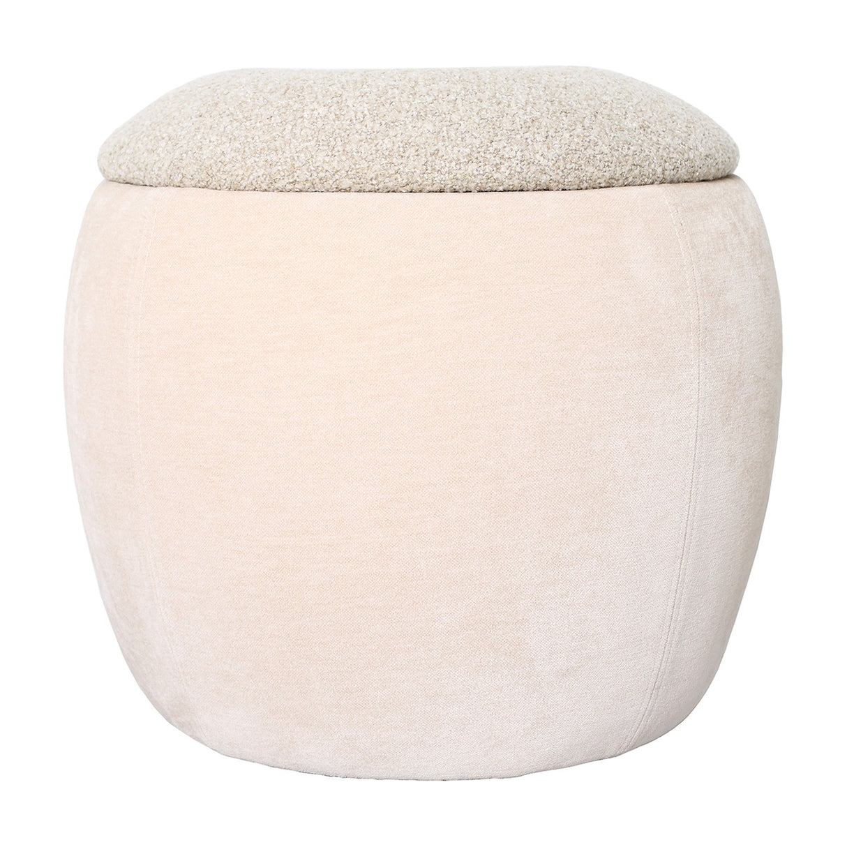Libra Interiors Velvet Boucle Round Storage Stool in cream with a textured natural boucle lifting lid and smooth velvet base on a white background.