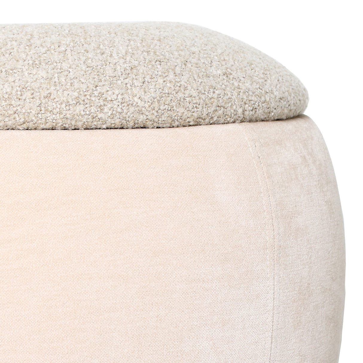 Close-up of Libra Interiors Velvet Boucle Round Storage Stool in cream, showing the textured boucle lid meeting the smooth velvet base.