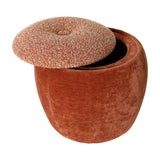 Libra Interiors Velvet Boucle Storage Stool in terracotta with rounded velvet base and lifted boucle top lid revealing interior storage, on white.