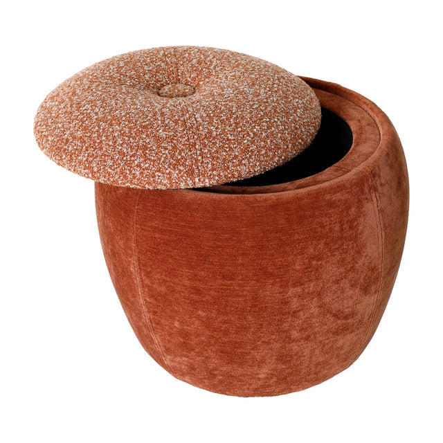 Libra Interiors Velvet Boucle Storage Stool in terracotta with rounded velvet base and lifted boucle top lid revealing interior storage, on white.