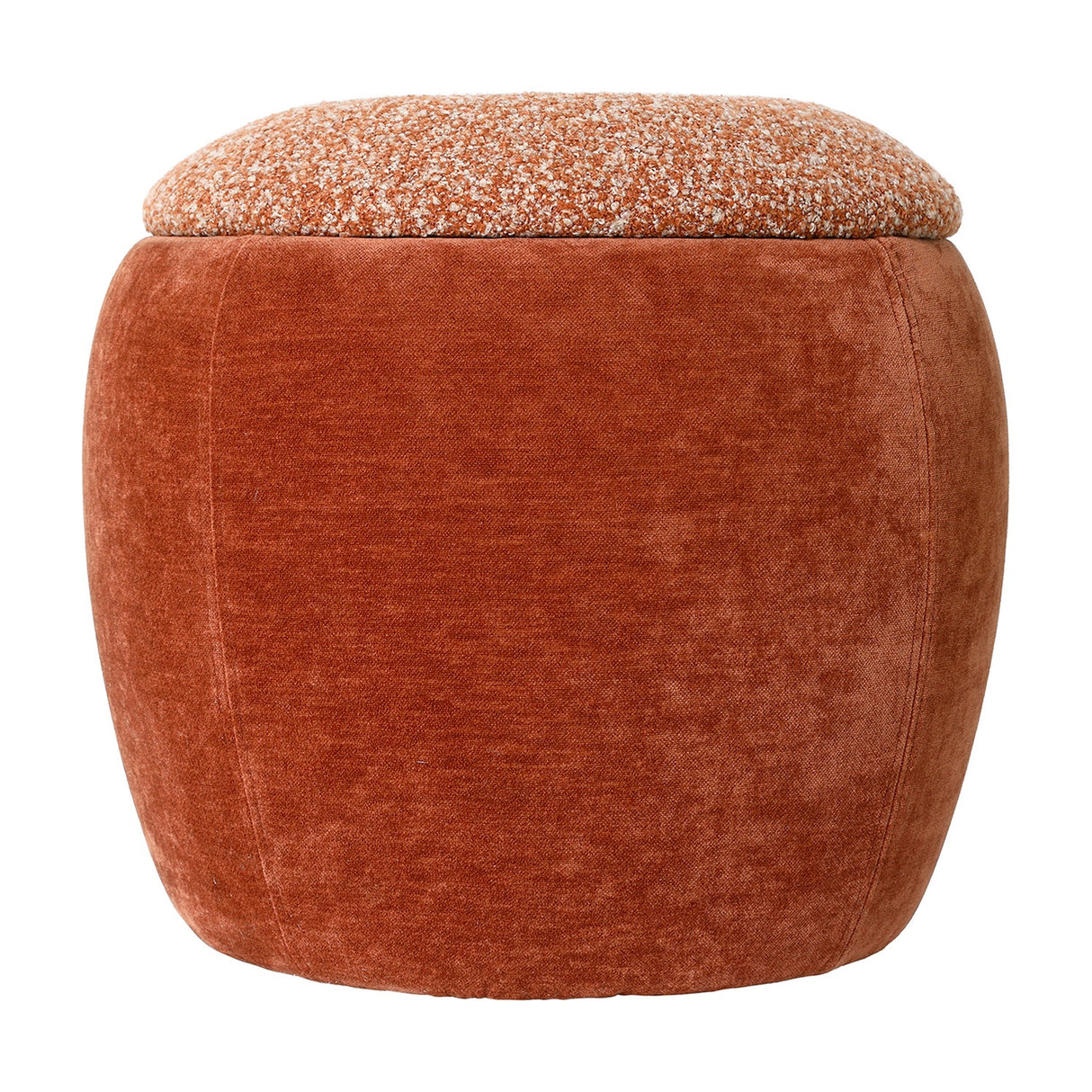 Libra Interiors Velvet Boucle Storage Stool in terracotta with a rounded velvet base and textured boucle lift-up top, shown on a plain background.