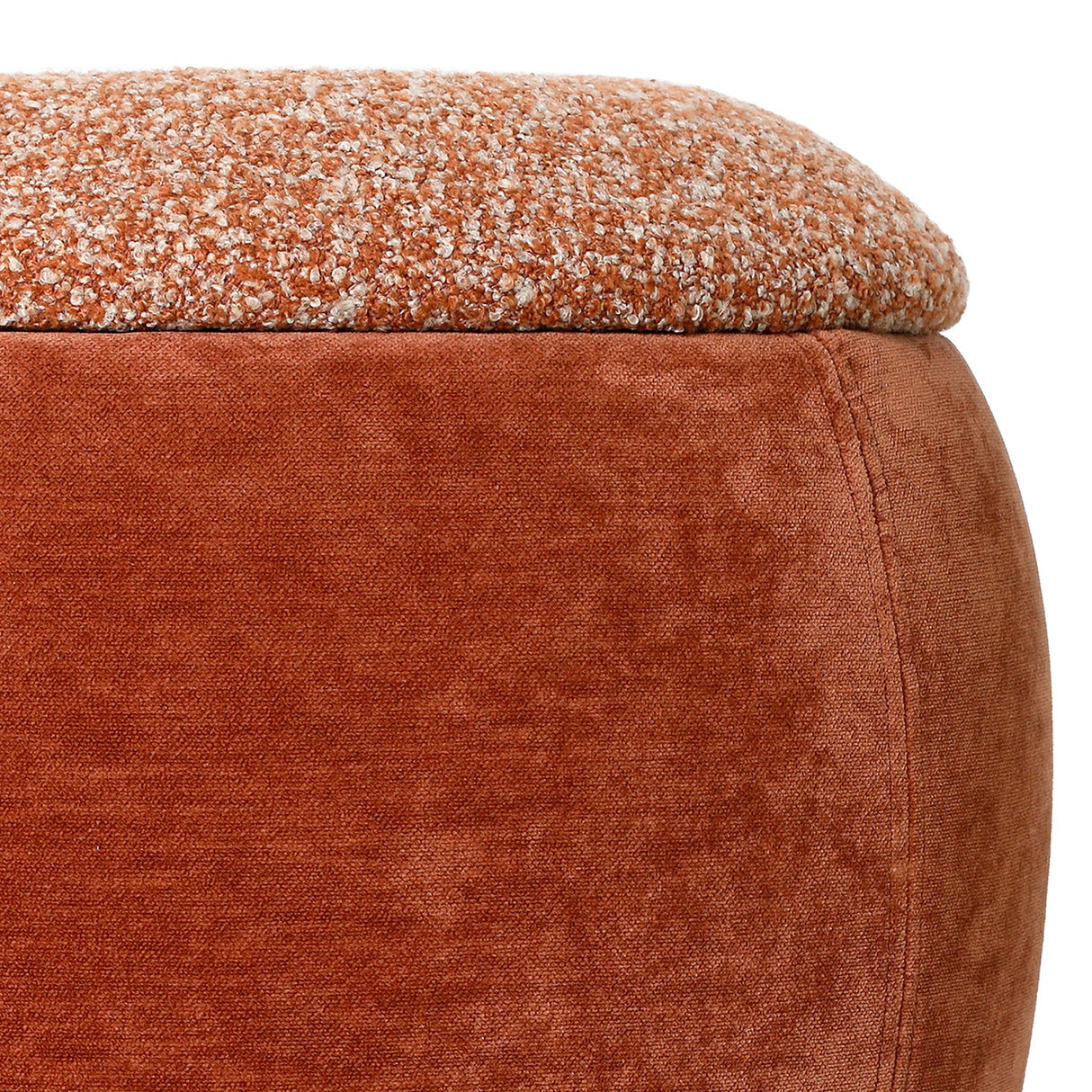 Close-up of Libra Interiors Velvet Boucle Storage Stool in terracotta, showing the textured brown boucle padded lid meeting the warm velvet rounded base.