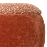 Close-up of Libra Interiors Velvet Boucle Storage Stool in terracotta, showing the textured brown boucle padded lid meeting the warm velvet rounded base.