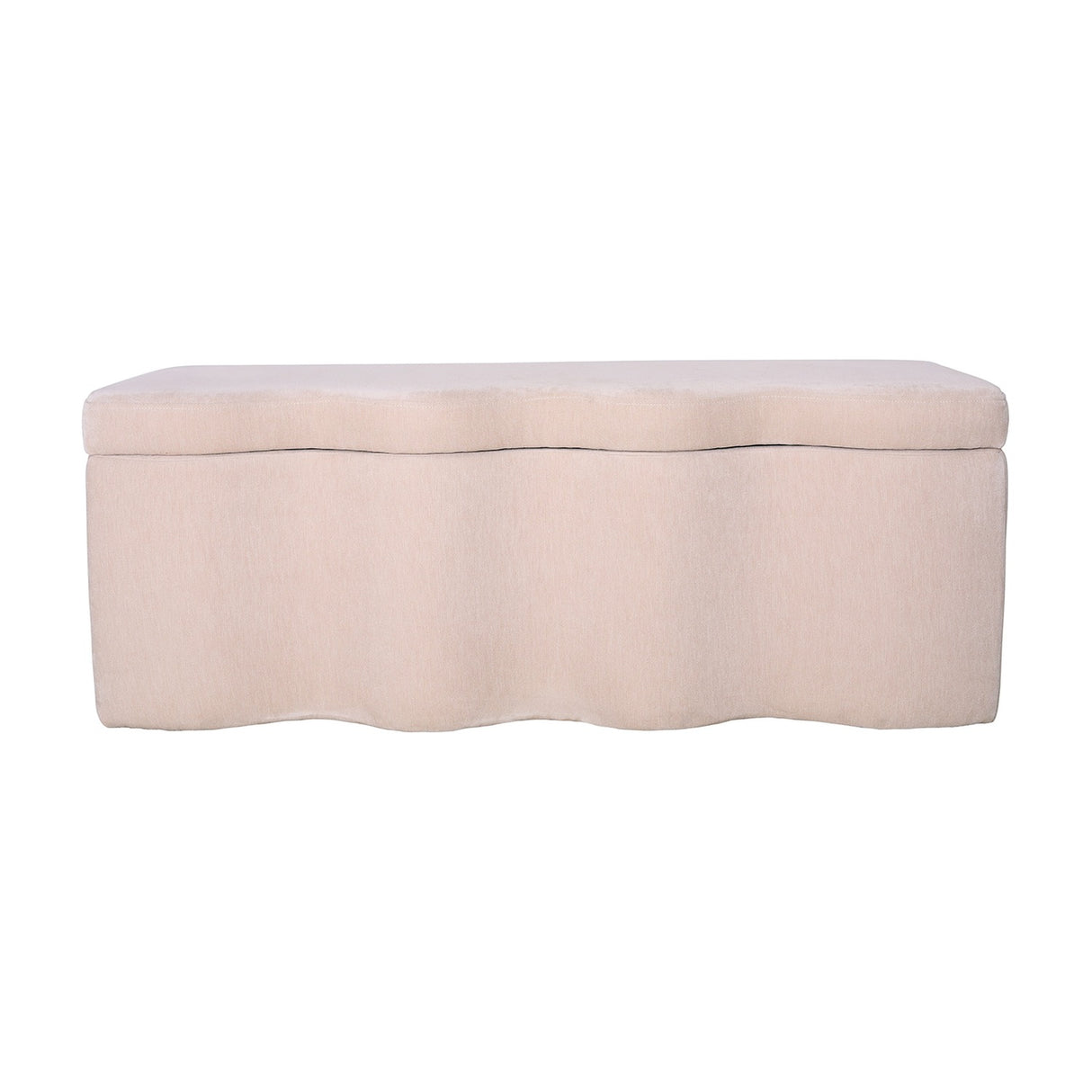 Libra Interiors Velvet Lift-Top Storage Ottoman in cream with a softly curved sculpted base and padded hinged top, shown on a plain white background.