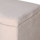Close-up of Libra Interiors Velvet Lift-Top Storage Ottoman in cream, showing the short-pile velvet upholstery and piped seam along the lift-top lid edge.