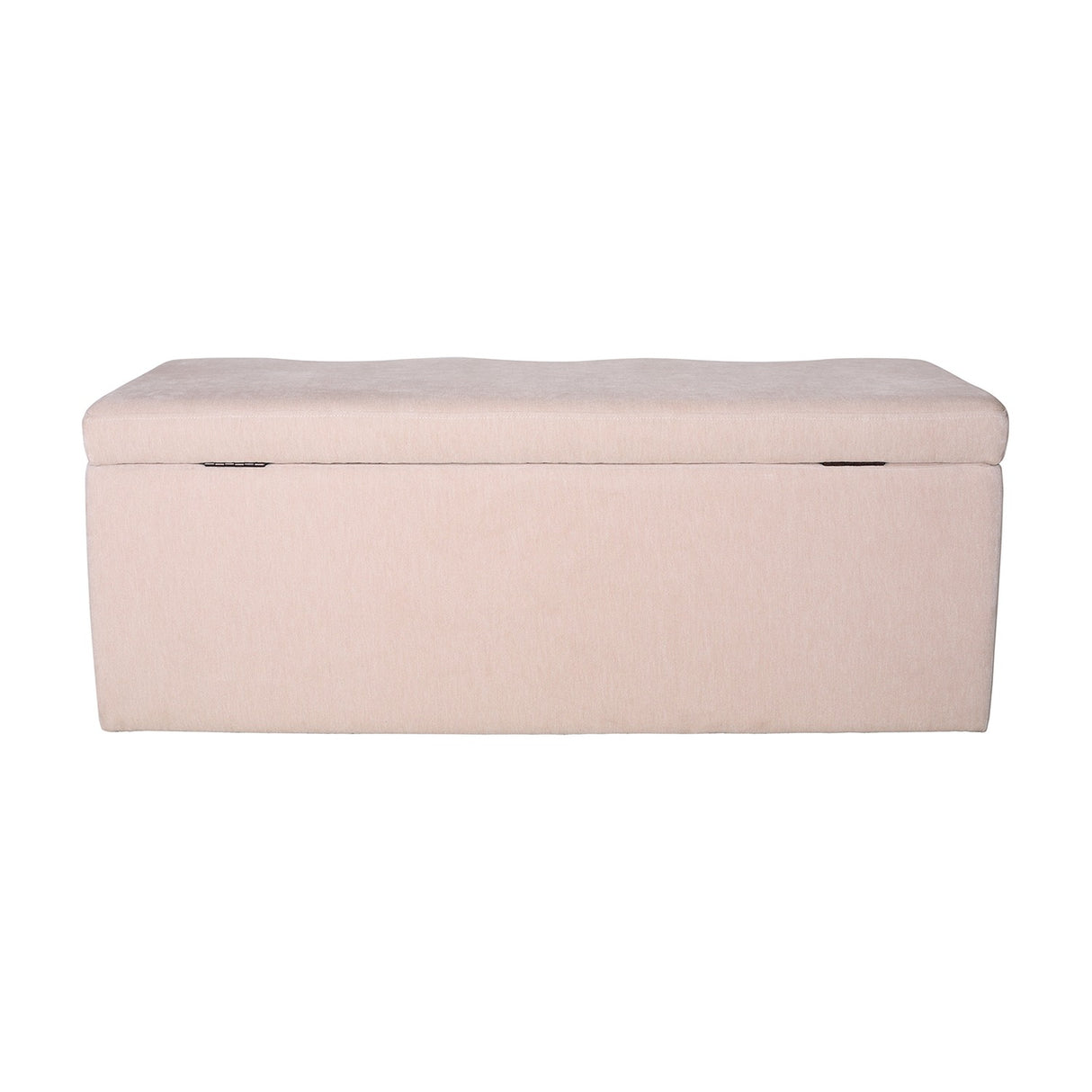 Libra Interiors Velvet Lift-Top Storage Ottoman in cream, a long rectangular bench with softly curved padded lid and short-pile velvet upholstery.