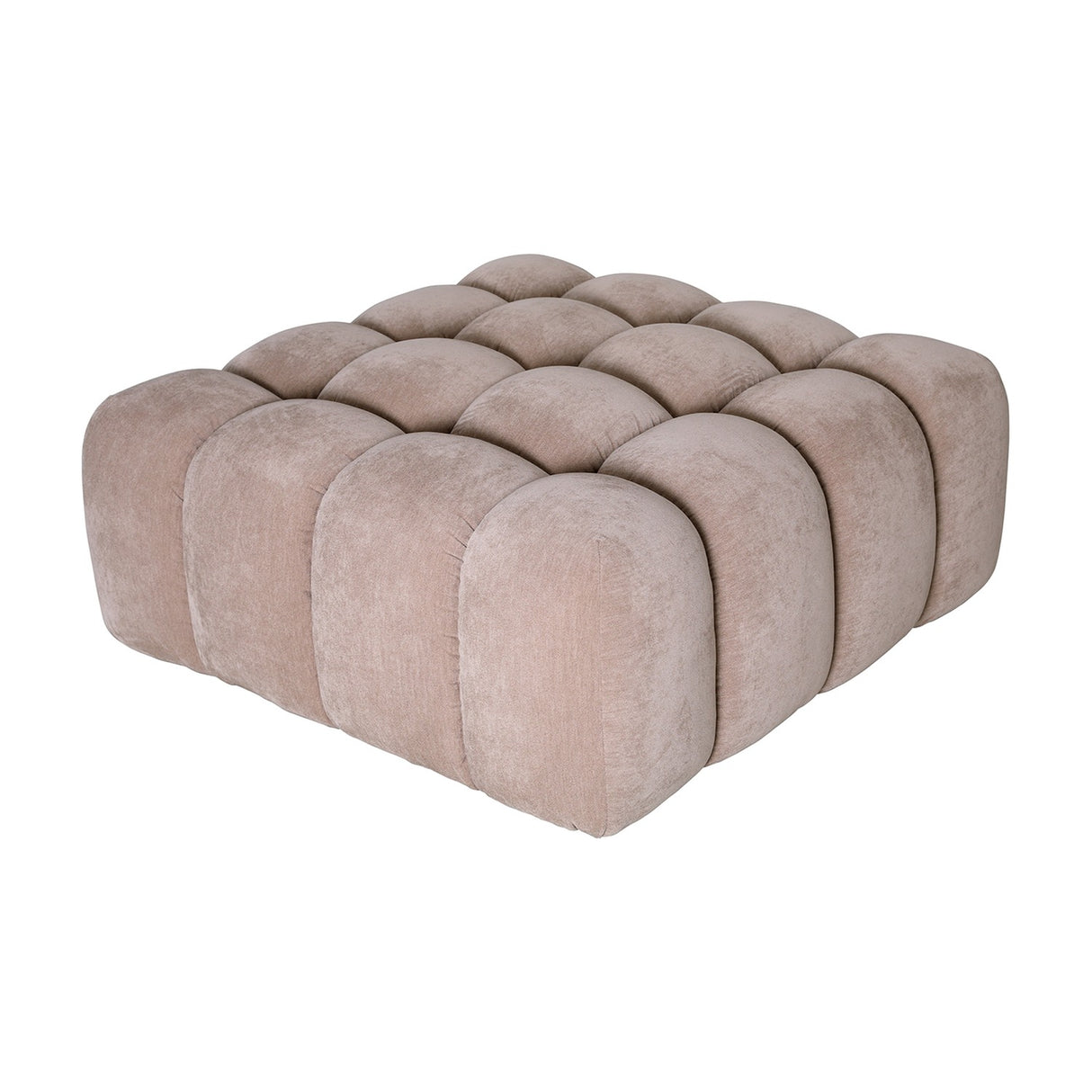 Libra Interiors Velvet Channelled Square Ottoman in cream with a soft channelled top and sides forming a rounded, sculptural cushioned form.