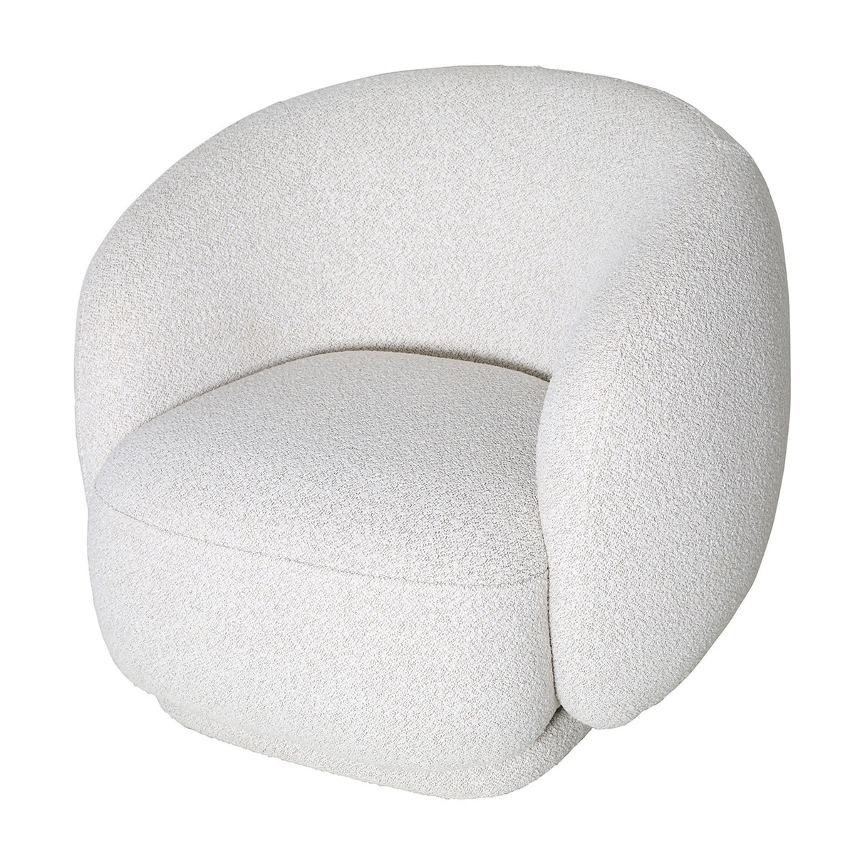 Libra Interiors Bouclé Swivel Accent Armchair in cream, with a rounded cocooning silhouette and textured looped weave, shown on a plain white background.