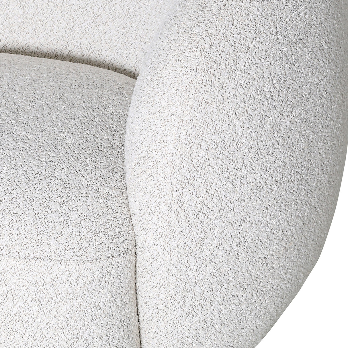 Close-up of the Libra Interiors Bouclé Swivel Accent Armchair in cream, showing the textured looped weave across its rounded seat and curved arm.
