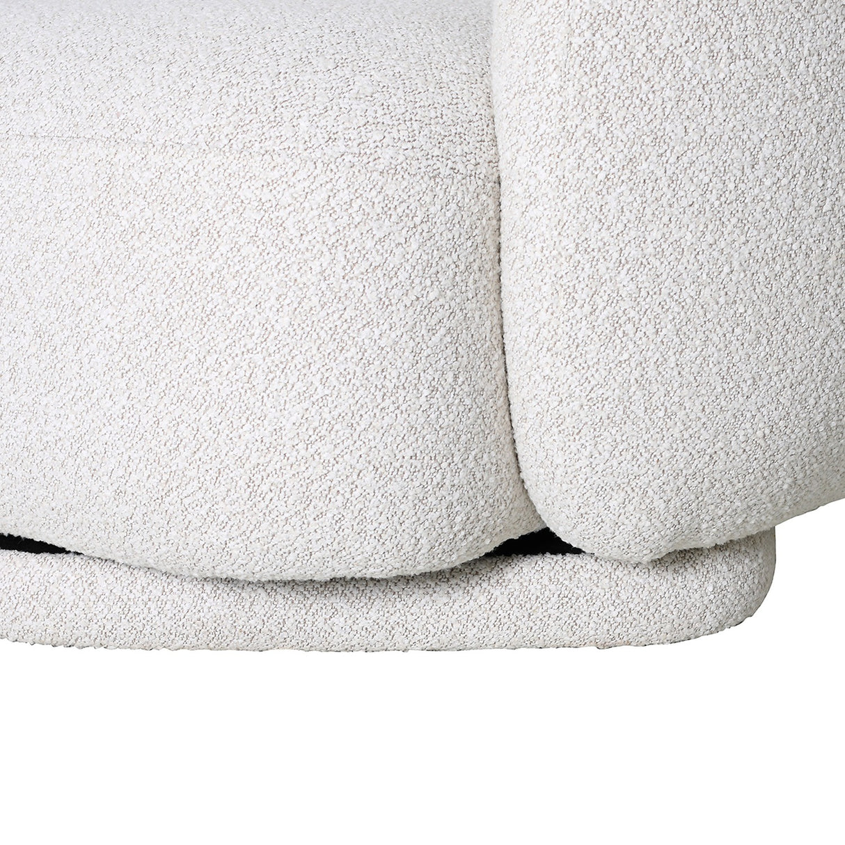 Close-up of the Libra Interiors Bouclé Swivel Accent Armchair in cream, showing the textured looped weave across the curved seat and base.