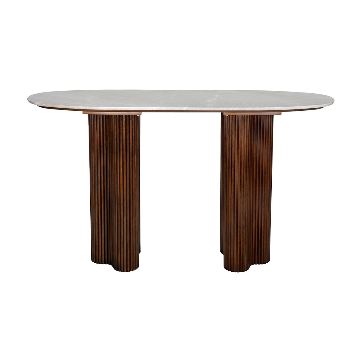 Libra Interiors walnut console table with oval pebble grey marble top on two fluted rubberwood pedestals, shown against a white background.