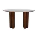 Libra Interiors walnut console table with oval pebble grey marble top on two fluted rubberwood pedestals, shown against a white background.