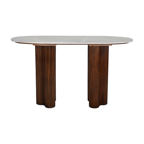 Libra Interiors walnut console table with oval pebble grey marble top on two fluted rubberwood pedestals, shown against a white background.