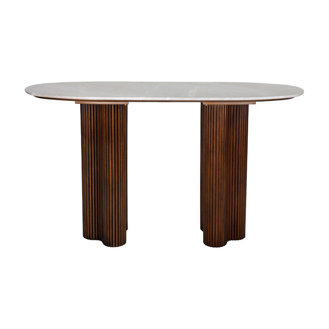 Libra Interiors walnut console table with oval pebble grey marble top on two fluted rubberwood pedestals, shown against a white background.