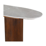 Close-up of Libra Interiors Marble Top Fluted Walnut Console Table showing the honed pebble grey marble oval top and fluted walnut rubberwood pedestal.