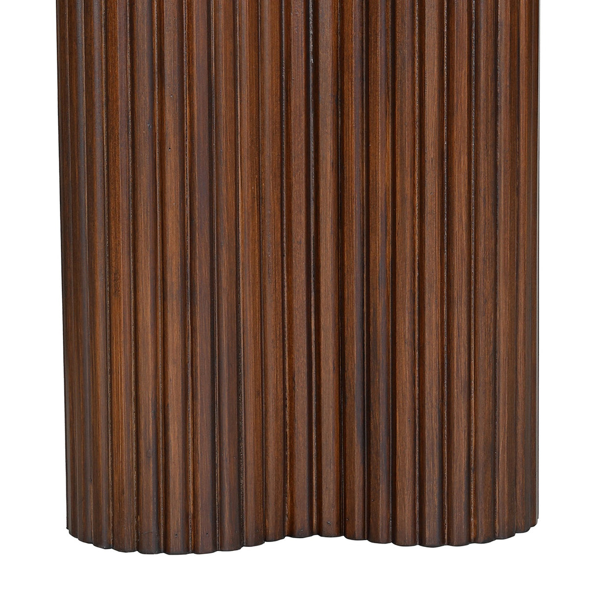 Close-up of the Libra Interiors Marble Top Fluted Walnut Console Table base, showing a rounded rubberwood pedestal with vertical fluting in warm walnut.