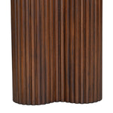 Close-up of the Libra Interiors Marble Top Fluted Walnut Console Table base, showing a rounded rubberwood pedestal with vertical fluting in warm walnut.