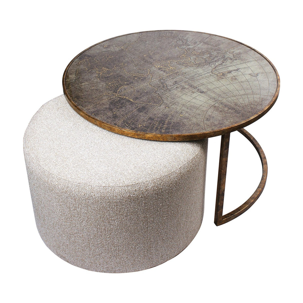Libra Interiors Round Map-Print Glass Nesting Coffee Table with brass-toned iron frame and neutral cobble-weave fabric pouffe tucked beneath.