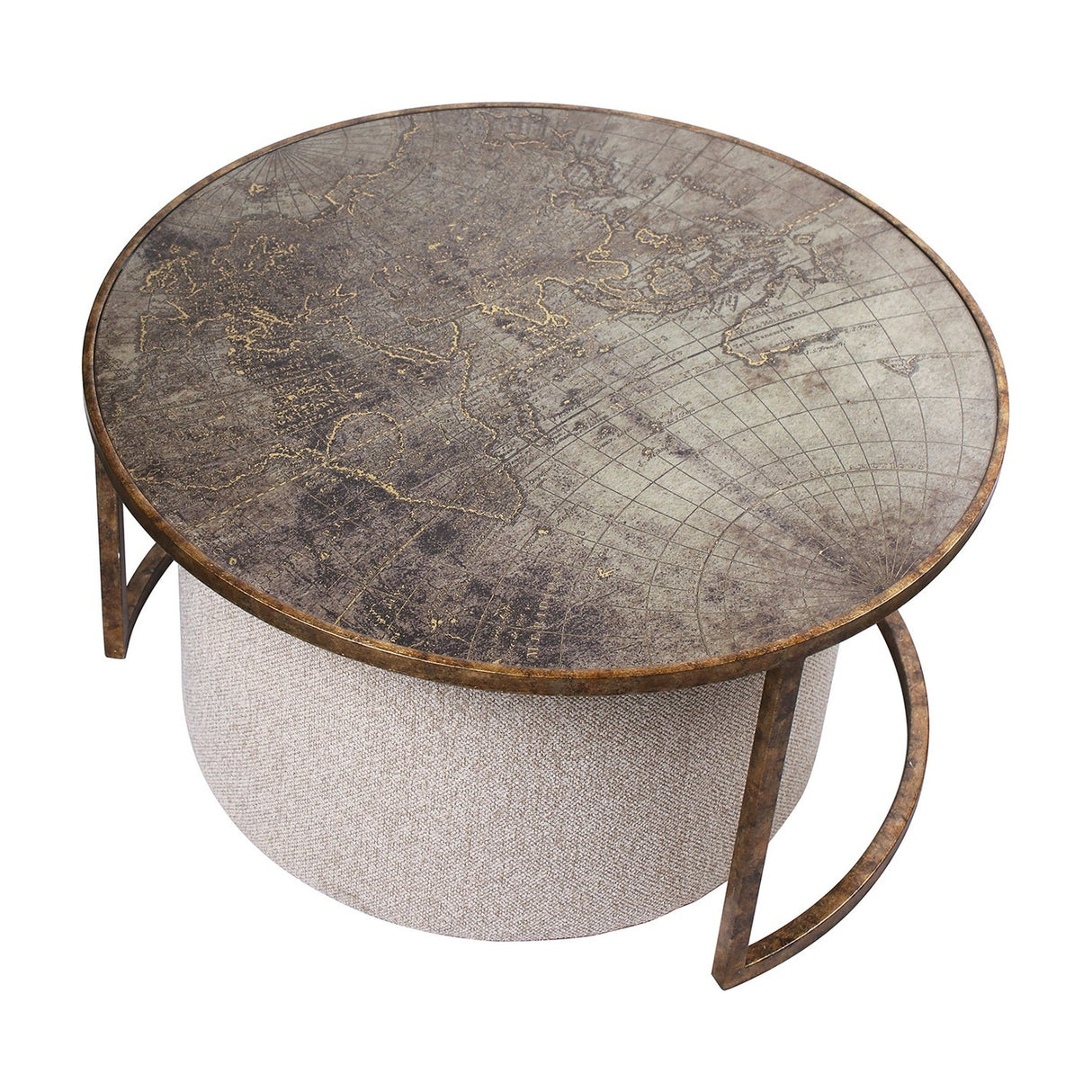 Libra Interiors Round Map-Print Glass Nesting Coffee Table with brass-toned iron frame and neutral cobble-weave fabric pouffe tucked beneath.