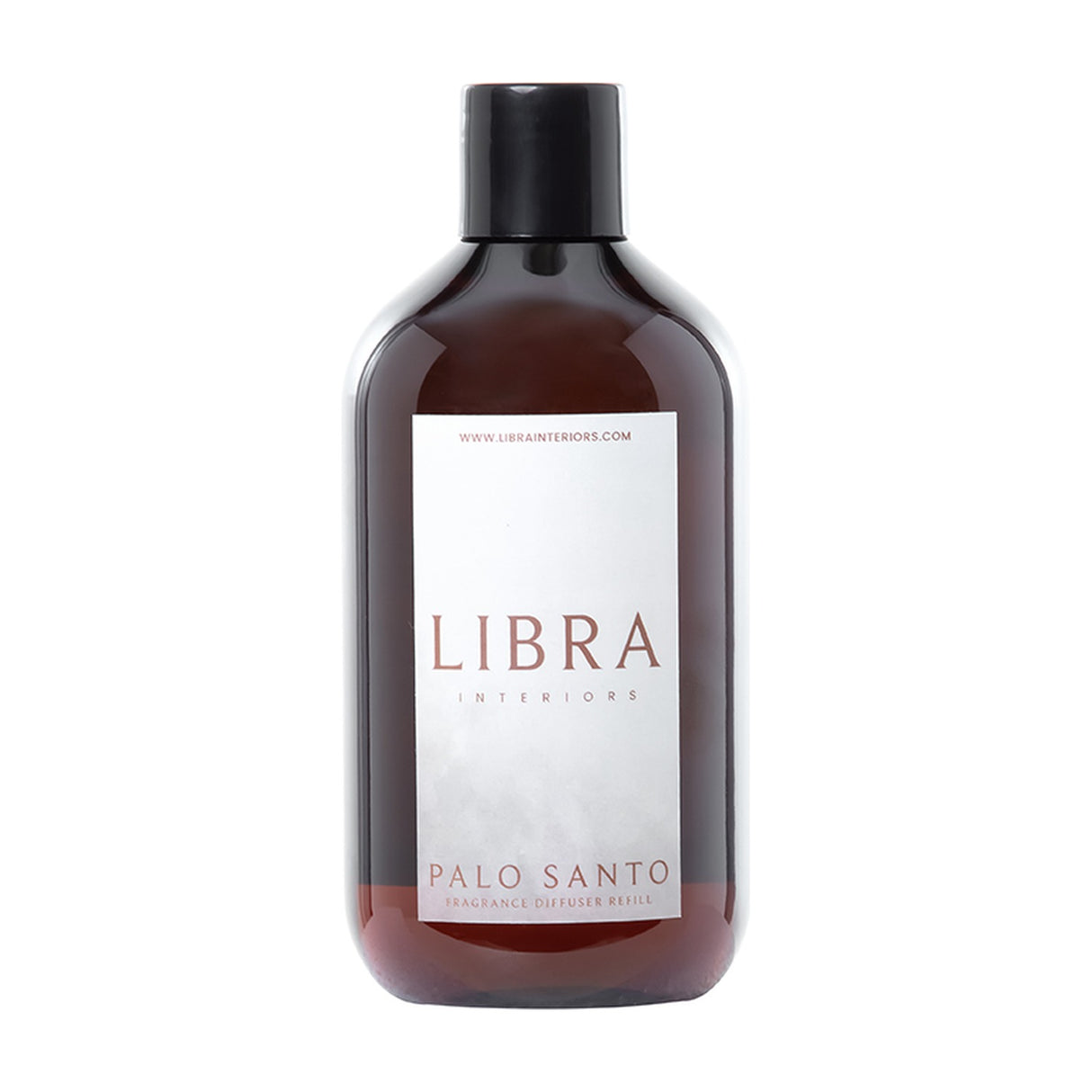 Libra Interiors Palo Santo 500ml reed diffuser refill in an amber-brown glass bottle with black screw cap and white label, on a plain background.