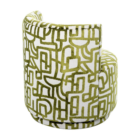 Libra Interiors Bouclé Swivel Accent Piece in ivory with raised olive green abstract pattern, rounded tub form on swivel base, shown from the rear.