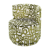 Libra Interiors Bouclé Swivel Accent Piece in ivory with raised olive green abstract pattern, rounded curved back and cushioned seat on a swivel base.