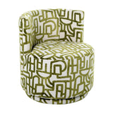 Libra Interiors Bouclé Swivel Accent Piece in ivory with raised olive green abstract pattern, rounded curved back and cushioned seat on a swivel base.