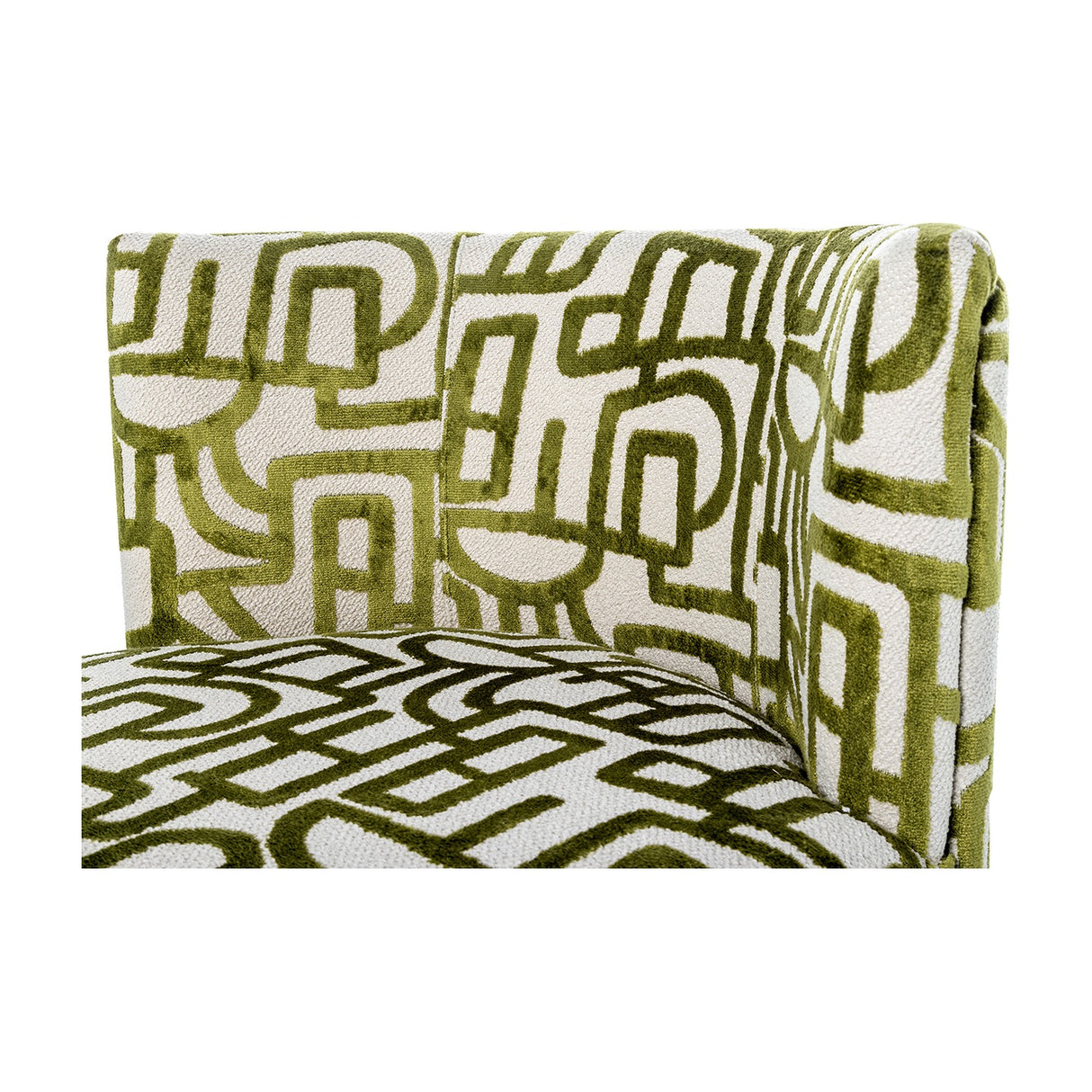 Close-up of Libra Interiors Bouclé Swivel Accent Piece in ivory with raised olive green abstract pattern, showing textured backrest and curved seat.