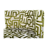 Close-up of Libra Interiors Bouclé Swivel Accent Piece in ivory with raised olive green abstract pattern, showing textured backrest and curved seat.