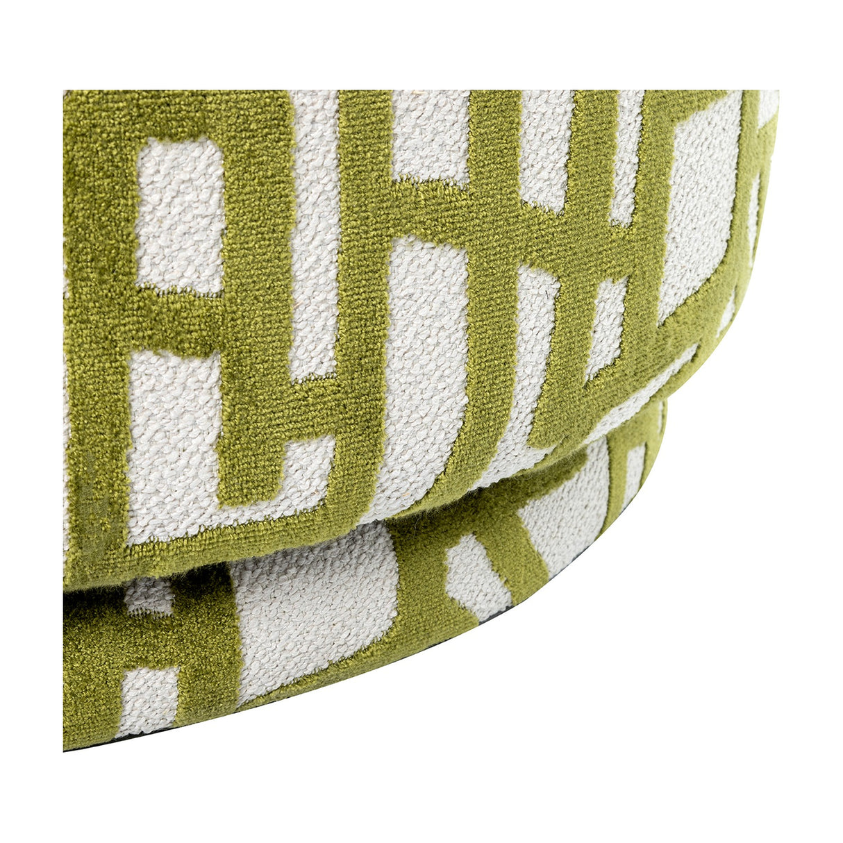 Close-up of the Libra Interiors Bouclé Swivel Accent Piece in ivory with a raised olive green abstract pattern on the textured cushioned seat and base.