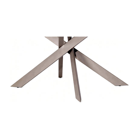 Libra Interiors extendable dining table base with angular intersecting metal legs in brushed grey, shown on a plain white background.
