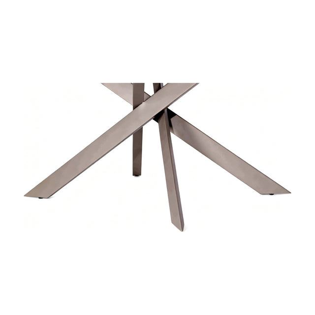 Libra Interiors extendable dining table base with angular intersecting metal legs in brushed grey, shown on a plain white background.