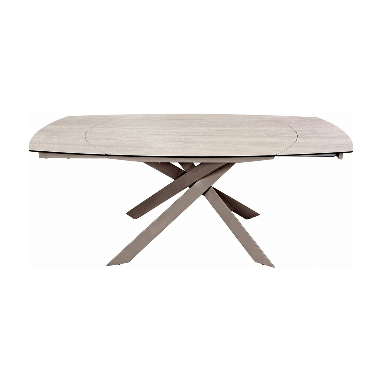 Libra Interiors extendable dining table with warm stone-effect ceramic top and sculptural brushed grey metal legs, shown extended on a plain background.