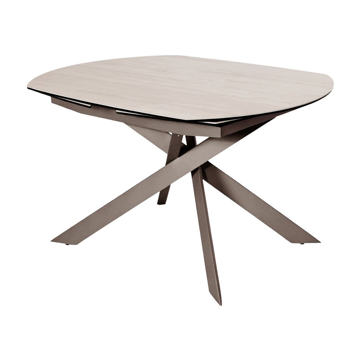 Libra Interiors Extendable Ceramic Stone-Effect Dining Table in warm stone with brushed grey angular intersecting metal legs, on a plain white background.