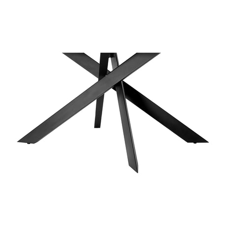 Libra Interiors extendable dining table base with sculptural angular intersecting legs in matt black metal, shown against a plain white background.