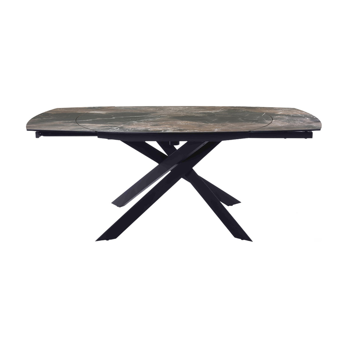 Libra Interiors extendable dining table with smoked grey ceramic stone-effect top and matt black intersecting metal legs, shown on a white background.