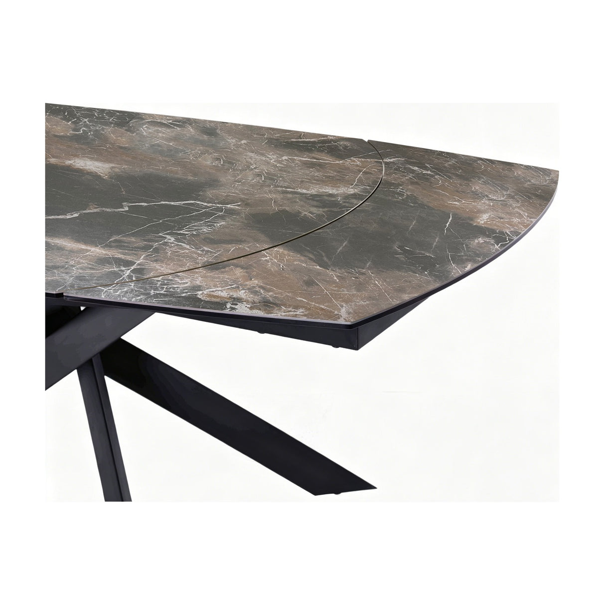 Libra Interiors extendable dining table with smoked grey ceramic stone-effect top, white marble veining, and angular matt black metal legs.