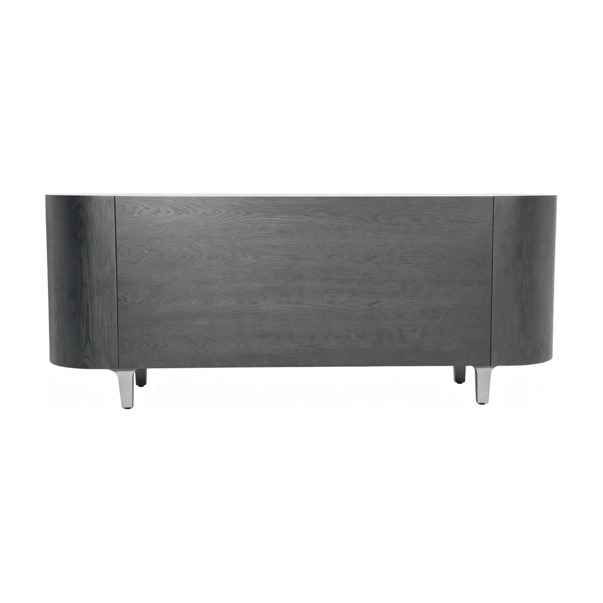Libra Interiors Ceramic Top Curved Sideboard in charcoal, rear view showing dark oak veneer body, curved end panels and tapered metal legs.