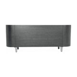 Libra Interiors Ceramic Top Curved Sideboard in charcoal, rear view showing dark oak veneer body, curved end panels and tapered metal legs.