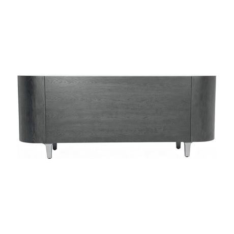 Libra Interiors Ceramic Top Curved Sideboard in charcoal, rear view showing dark oak veneer body, curved end panels and tapered metal legs.
