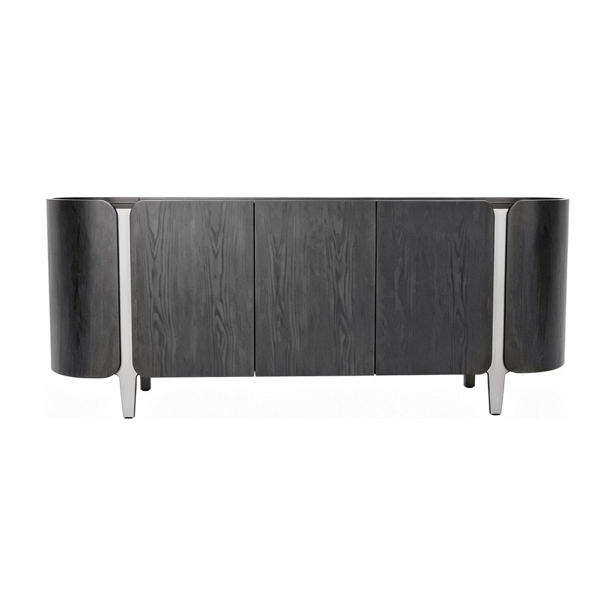 Libra Interiors Ceramic Top Curved Sideboard in charcoal with dark oak veneer, three doors, curved end panels and tapered metal legs on a white background.