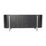Libra Interiors Ceramic Top Curved Sideboard in charcoal with dark oak veneer, three doors, curved end panels and tapered metal legs on a white background.